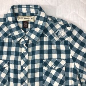 Bit & Bridle Shirt Women Large Teal White Check Pearl Snap Western Flannel